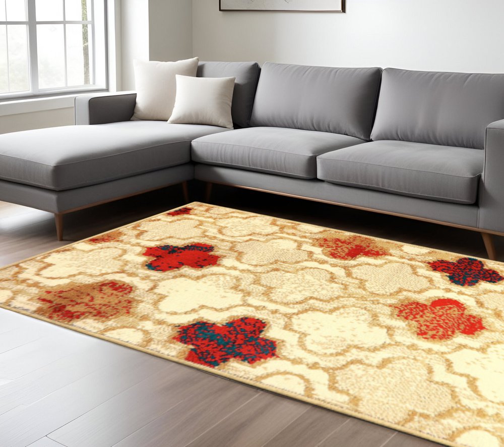 8' X 10' Beige Brown And Red Quatrefoil Distressed Area Rug
