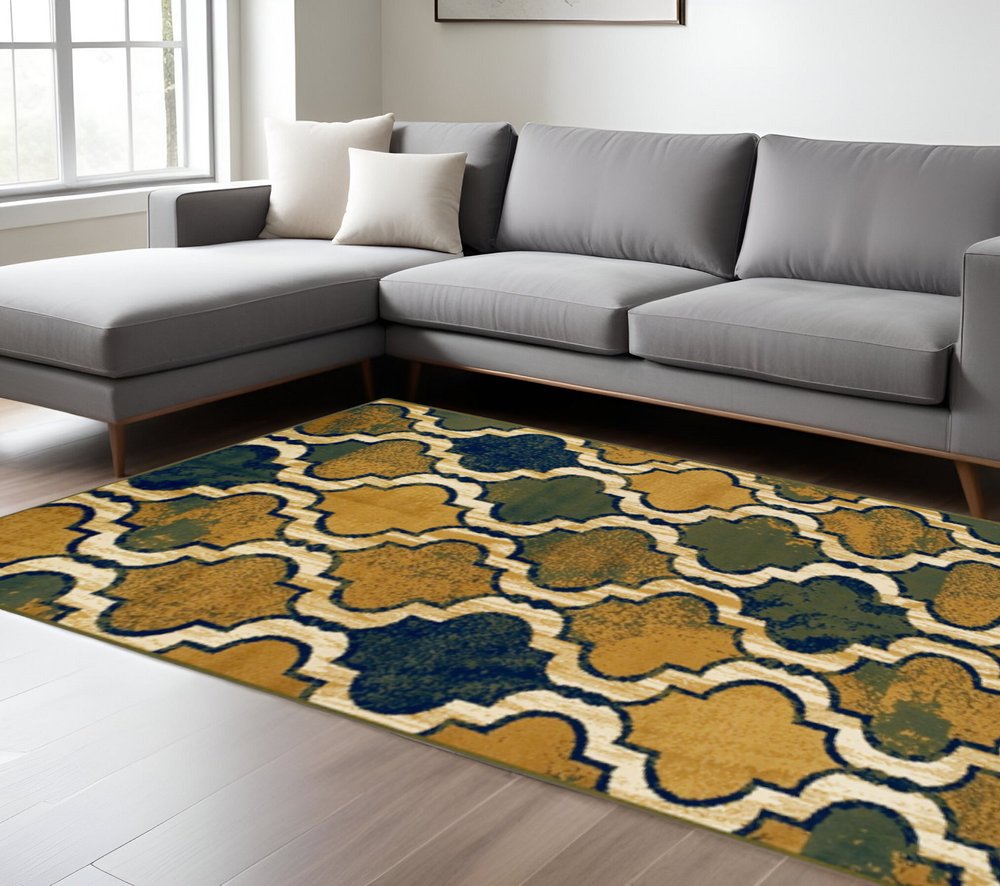 8' X 10' Green Brown And Ivory Quatrefoil Distressed Area Rug