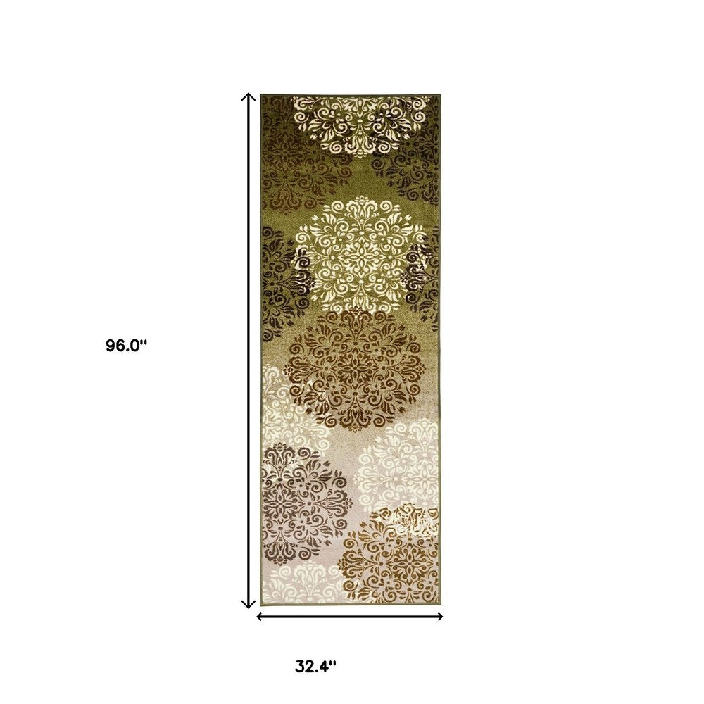 8' Brown Green And Ivory Floral Medallion Washable Runner Rug