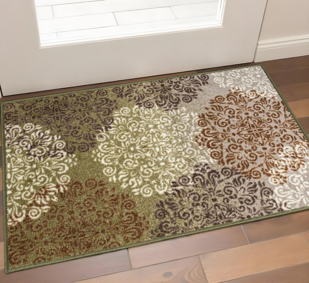 2' X 3' Brown Green And Ivory Floral Medallion Area Rug