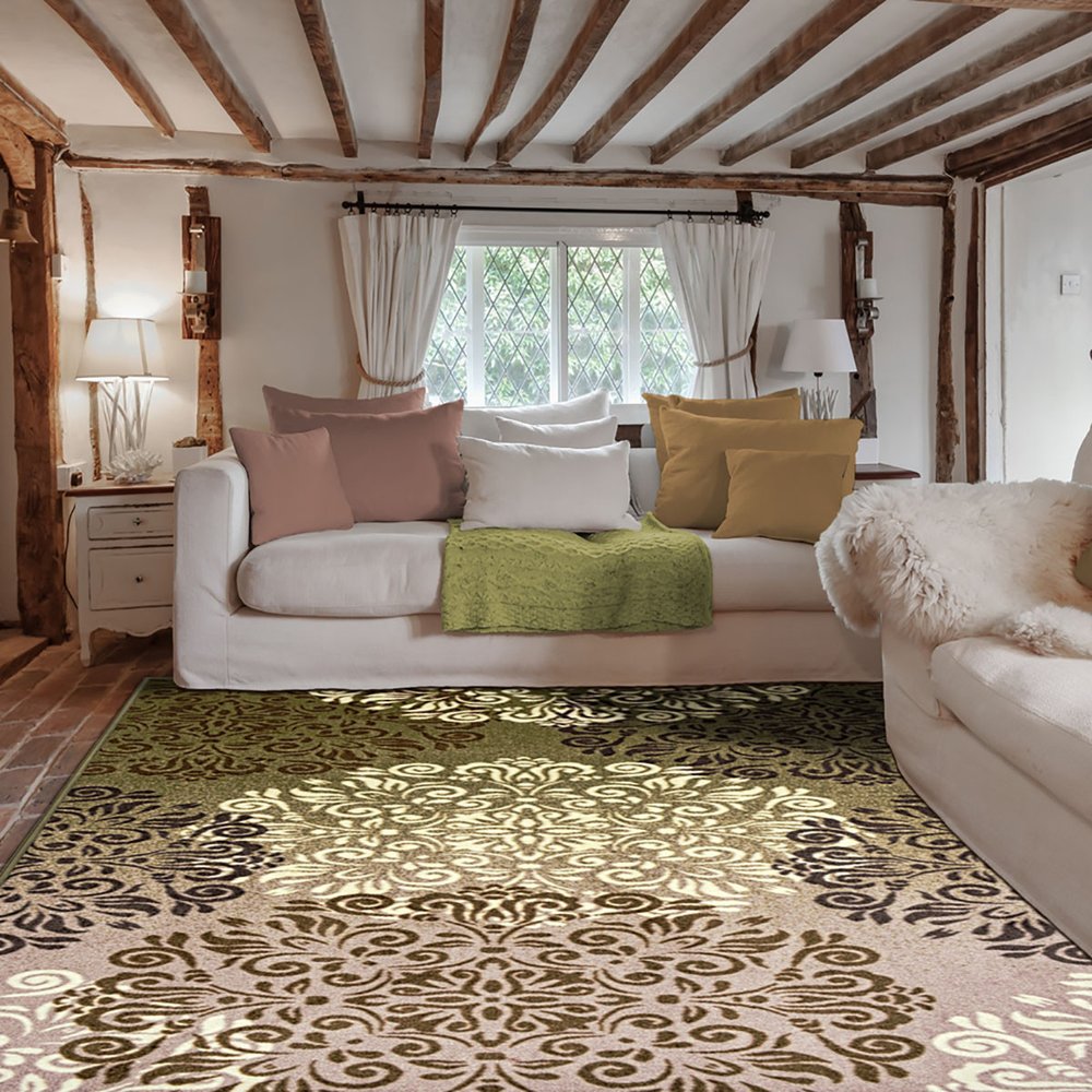 5' X 8' Brown Green And Ivory Floral Medallion Area Rug