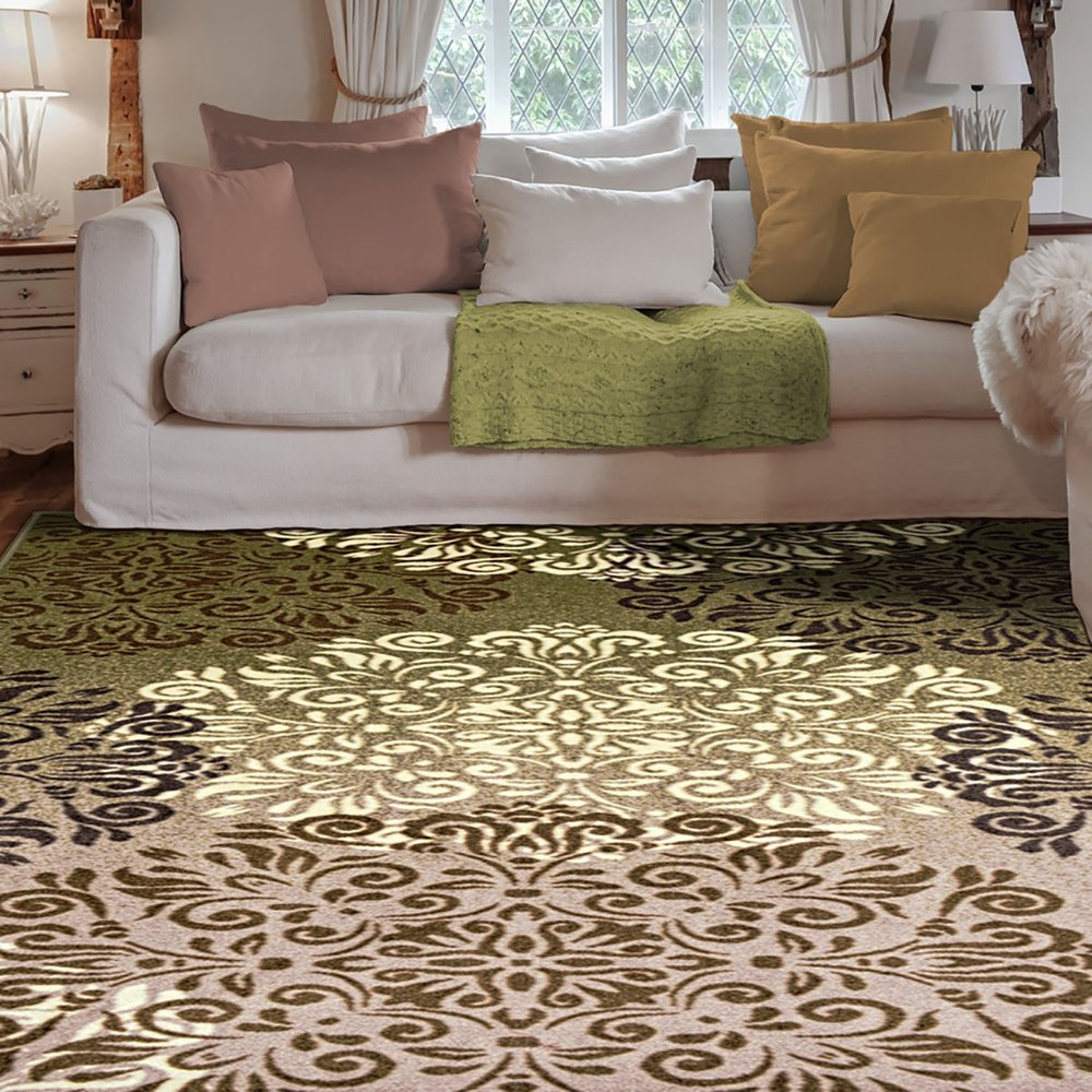 5' X 8' Brown Green And Ivory Floral Medallion Area Rug