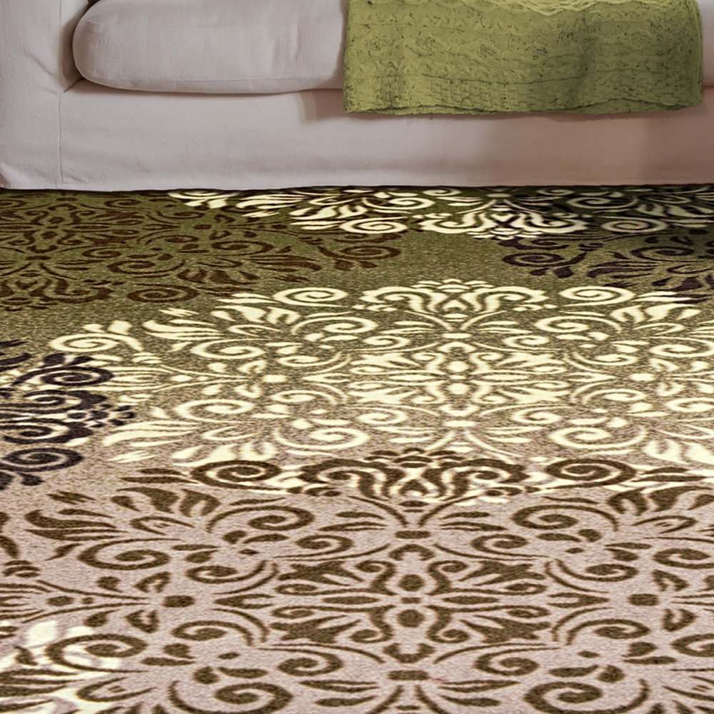 5' X 8' Brown Green And Ivory Floral Medallion Area Rug
