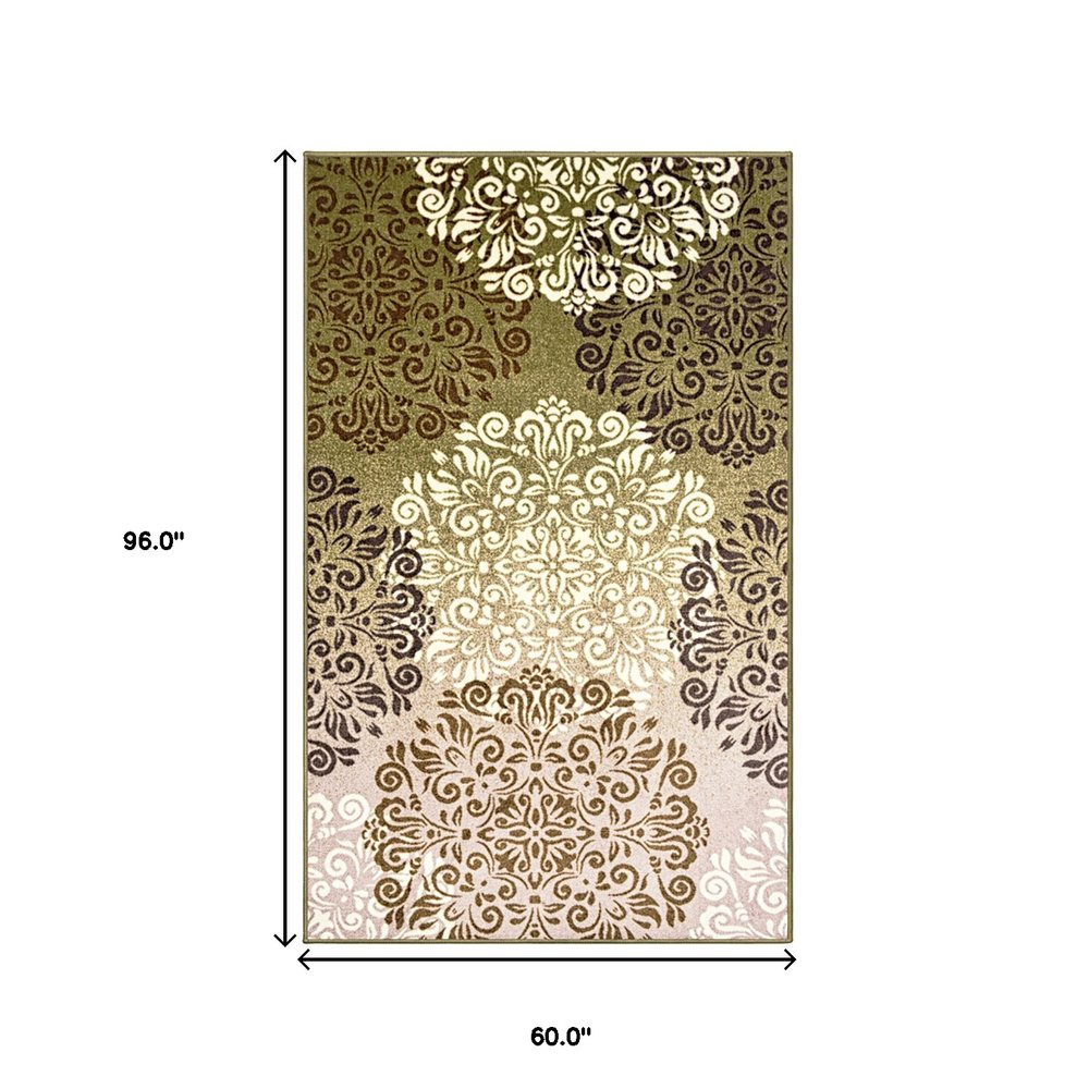 5' X 8' Brown Green And Ivory Floral Medallion Area Rug