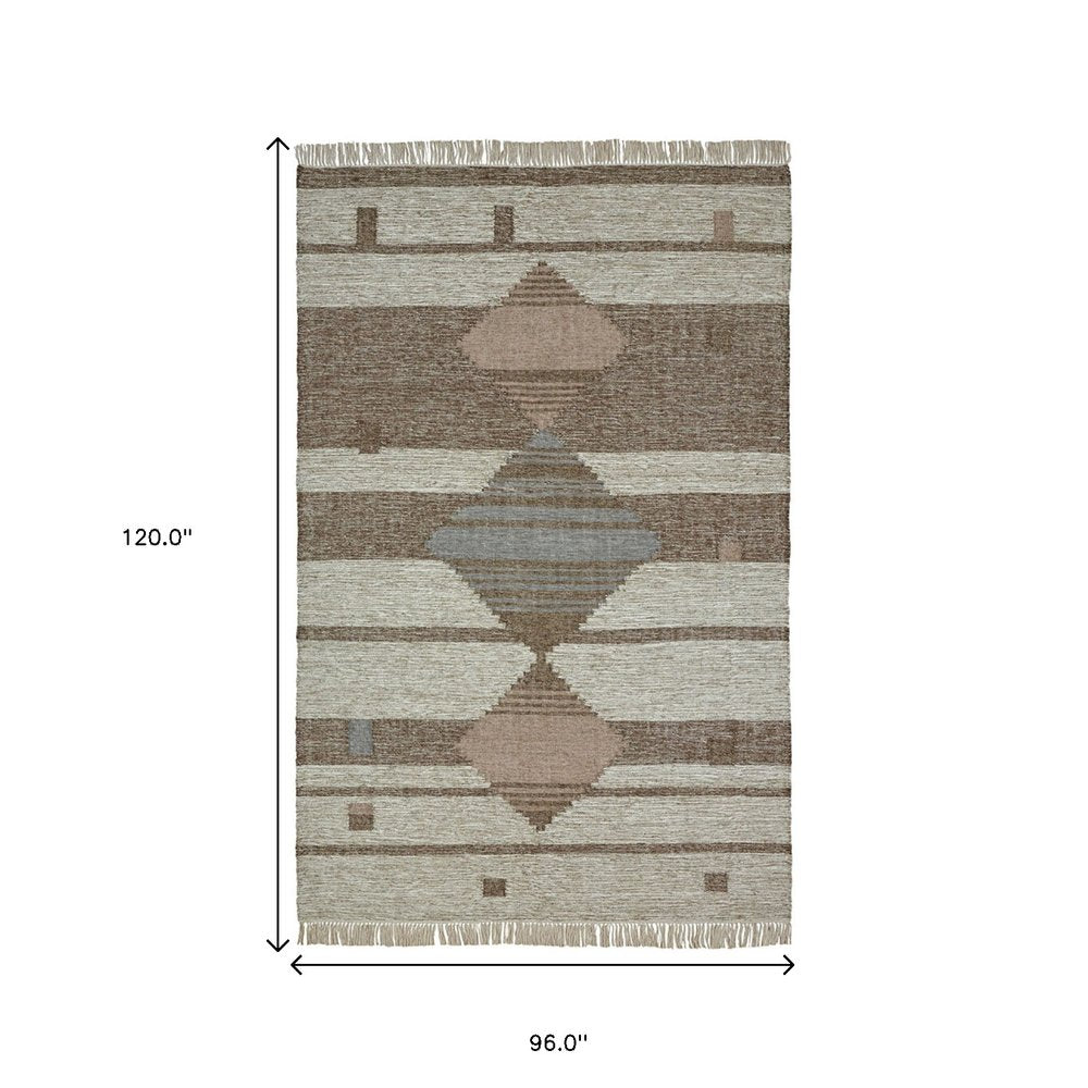 8' X 10' Gray And Brown Geometric Flatweave Handmade Area Rug With Fringe