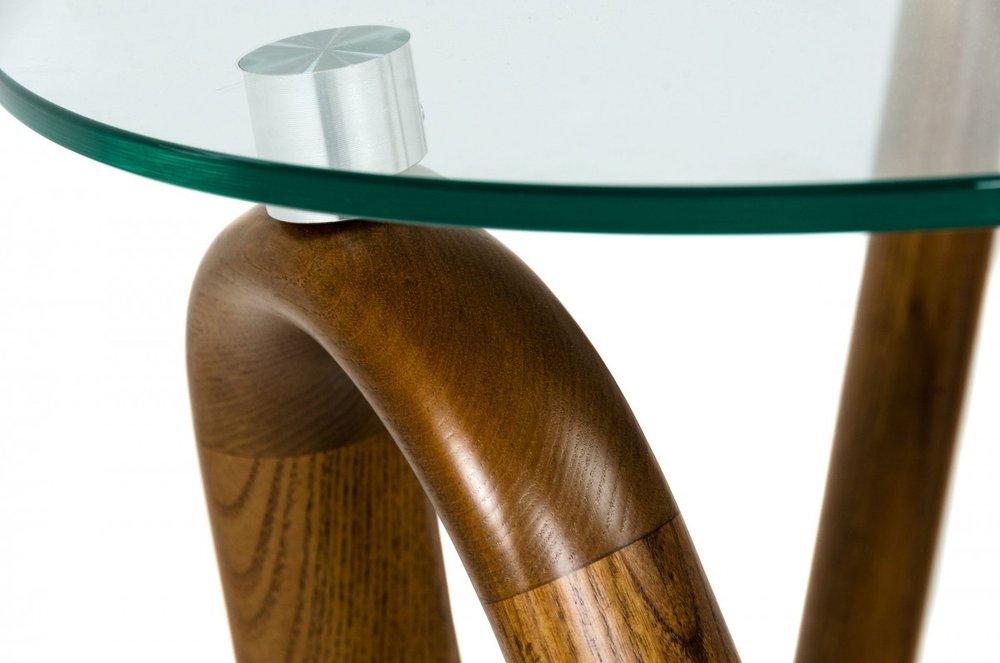 20" Walnut And Clear Glass Solid Wood Ribbon Base Round End Table