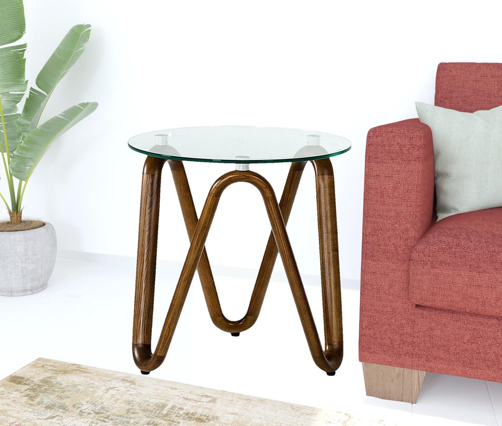 20" Walnut And Clear Glass Solid Wood Ribbon Base Round End Table