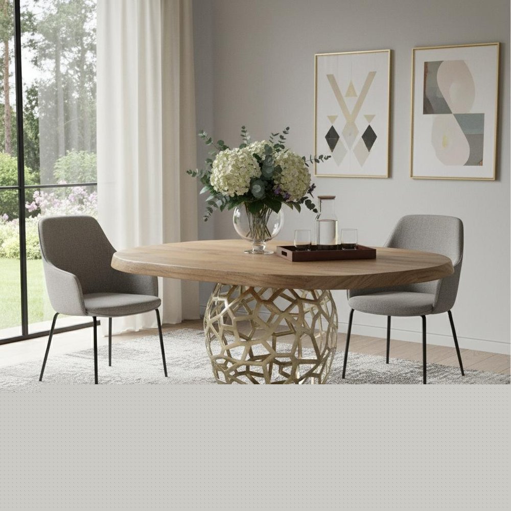 47" Acacia Live Edge Rounded Solid Wood And Brass Dining Table