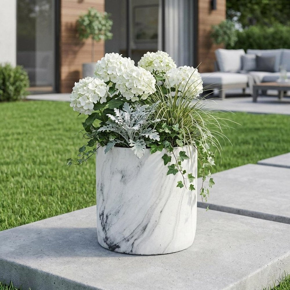 6" White and Gray Marbleized Ceramic Indoor Outdoor Round Pot Planter