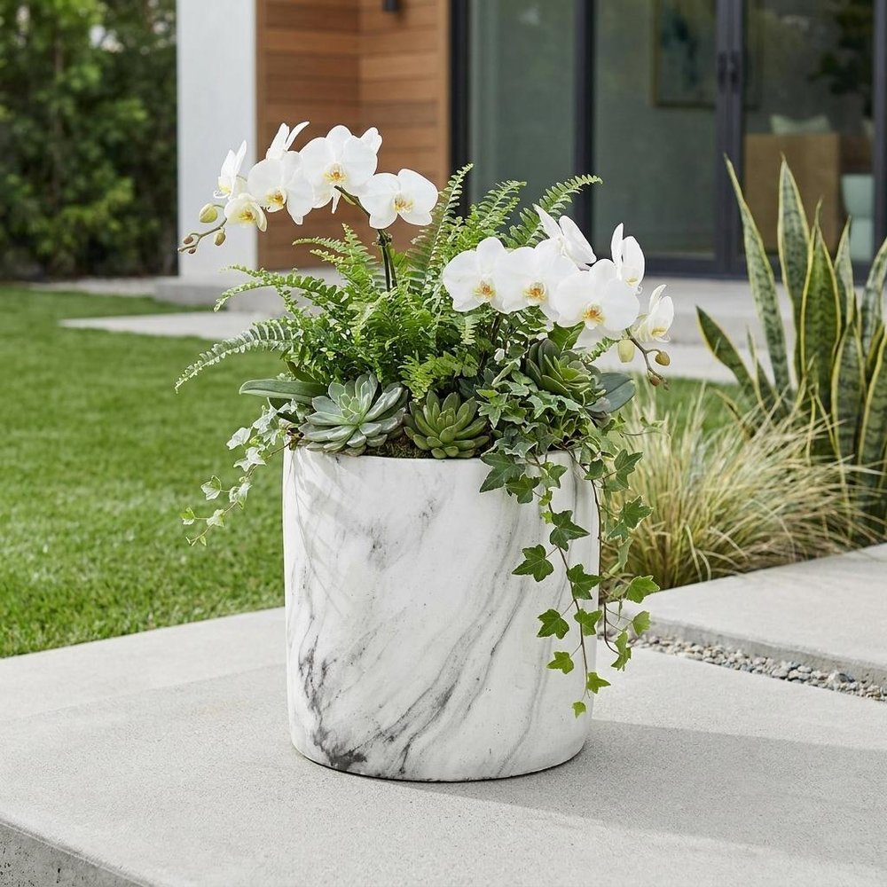 6" White and Gray Marbleized Ceramic Indoor Outdoor Round Pot Planter