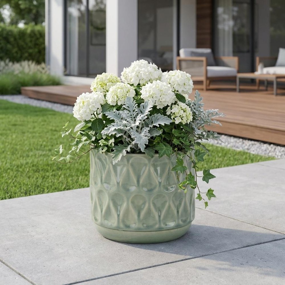 7" Green Geometric Ceramic Indoor Outdoor Round Pot Planter