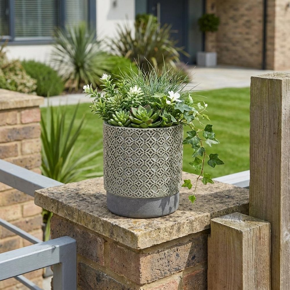 6" Gray Geometric Ceramic Indoor Outdoor Round Pot Planter