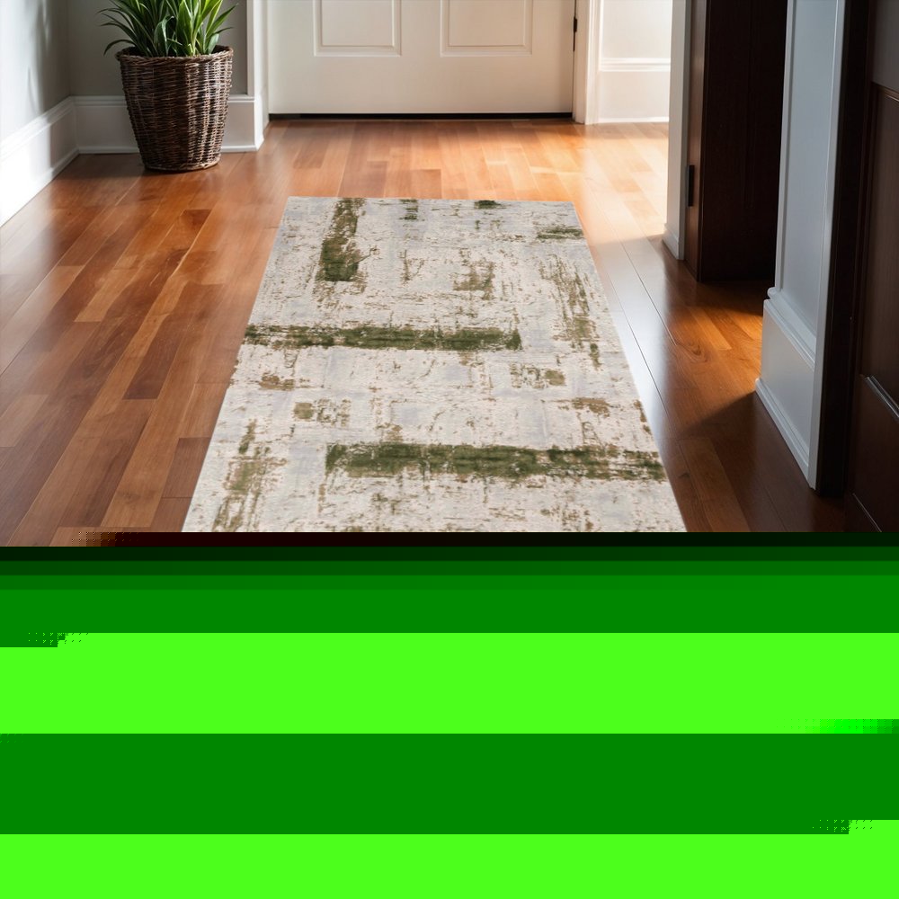 10' Green and Ivory Abstract Power Loom Distressed Runner Rug