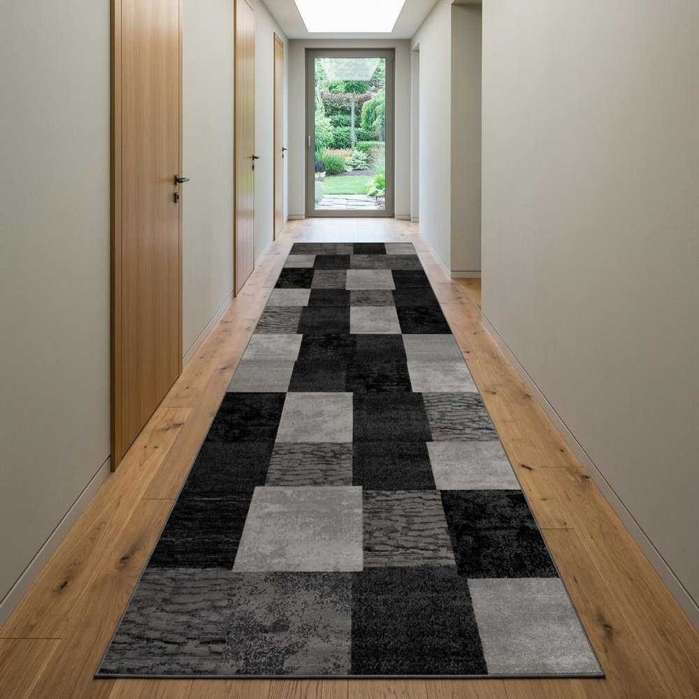 13' Gray and Black Geometric Power Loom Distressed Runner Rug