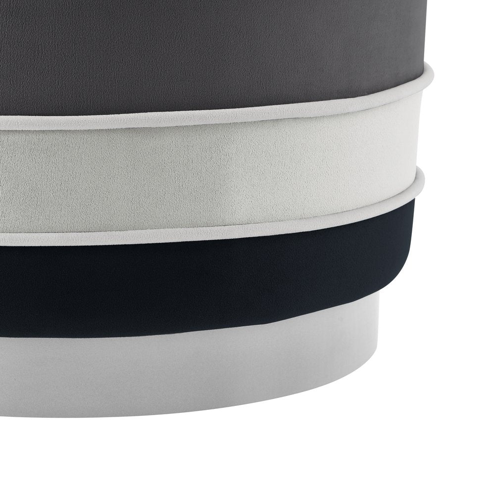 18" Blush Velvet And Gold Round Striped Ottoman