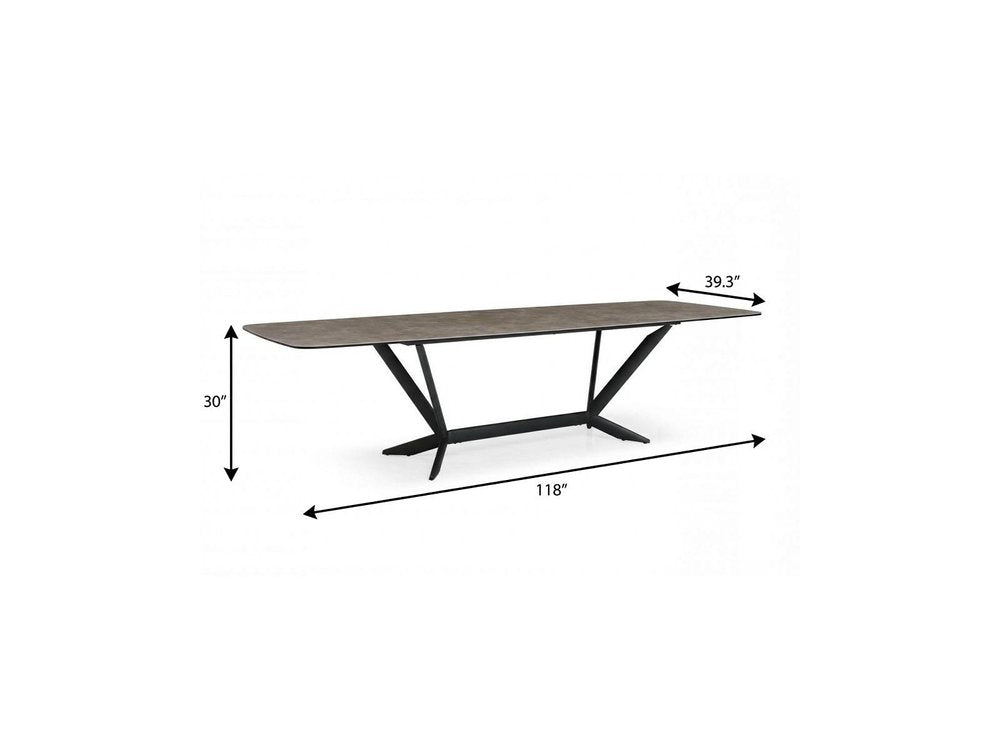 118" Gray And Black Ceramic And Metal Trestle Base Dining Table