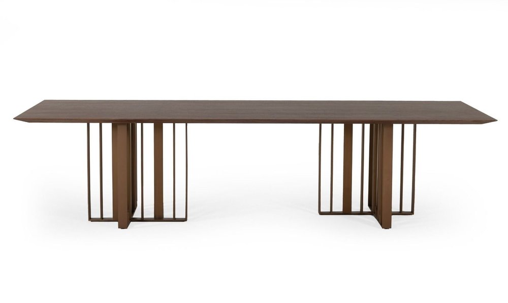 118" Brown And Brass Stainless Steel Double Pedestal Base Dining Table
