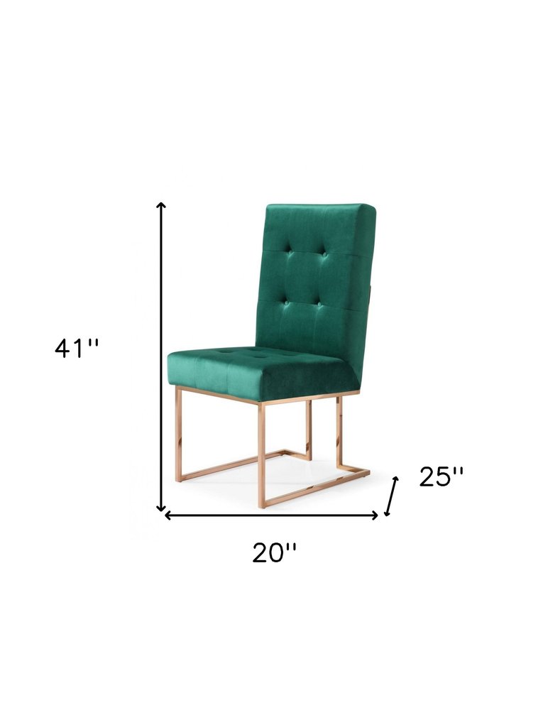 Set of Two Tufted Green And Rose Gold Upholstered Velvet Dining Side Chairs