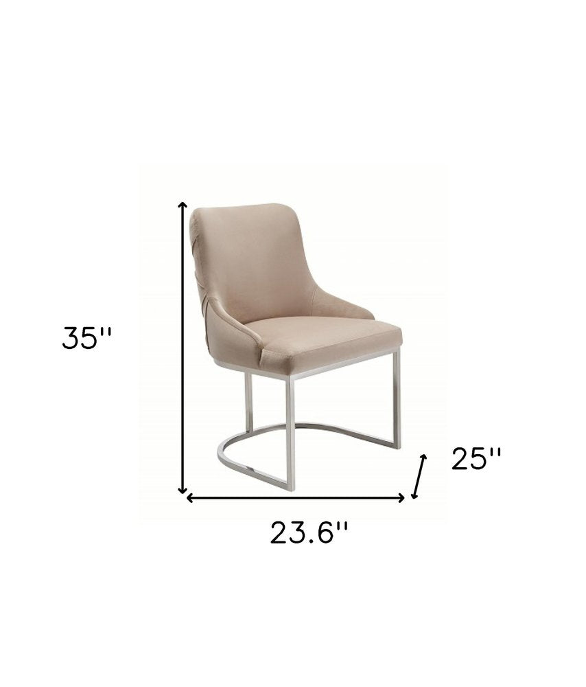 Set of Two Tufted Beige and Silver Upholstered Velvet Dining Side Chairs