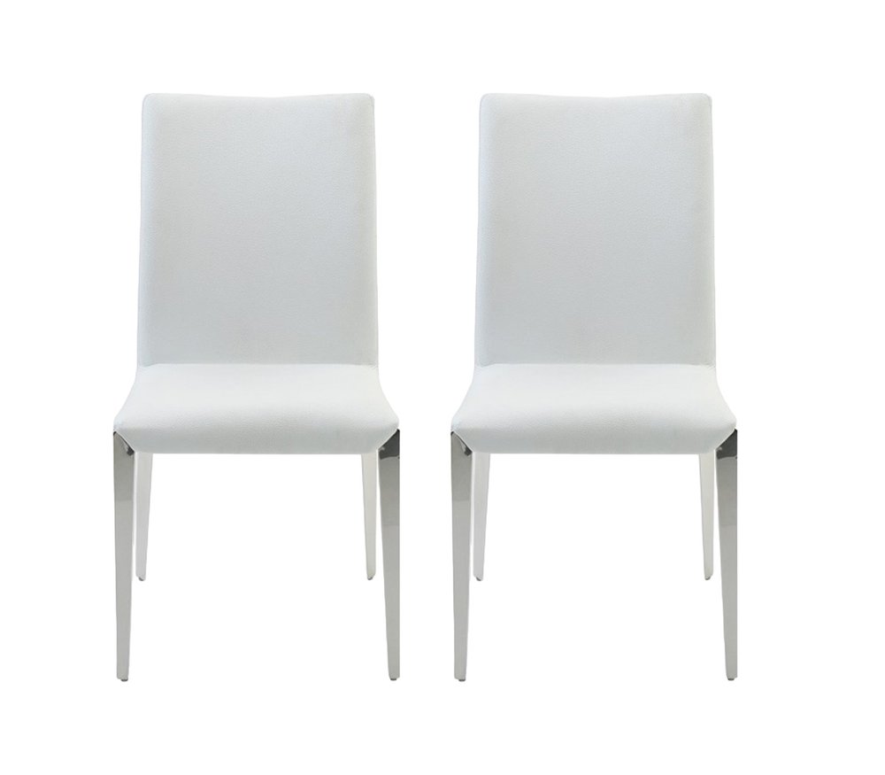 Set of Two White and Silver Upholstered Faux Leather Dining Side Chairs