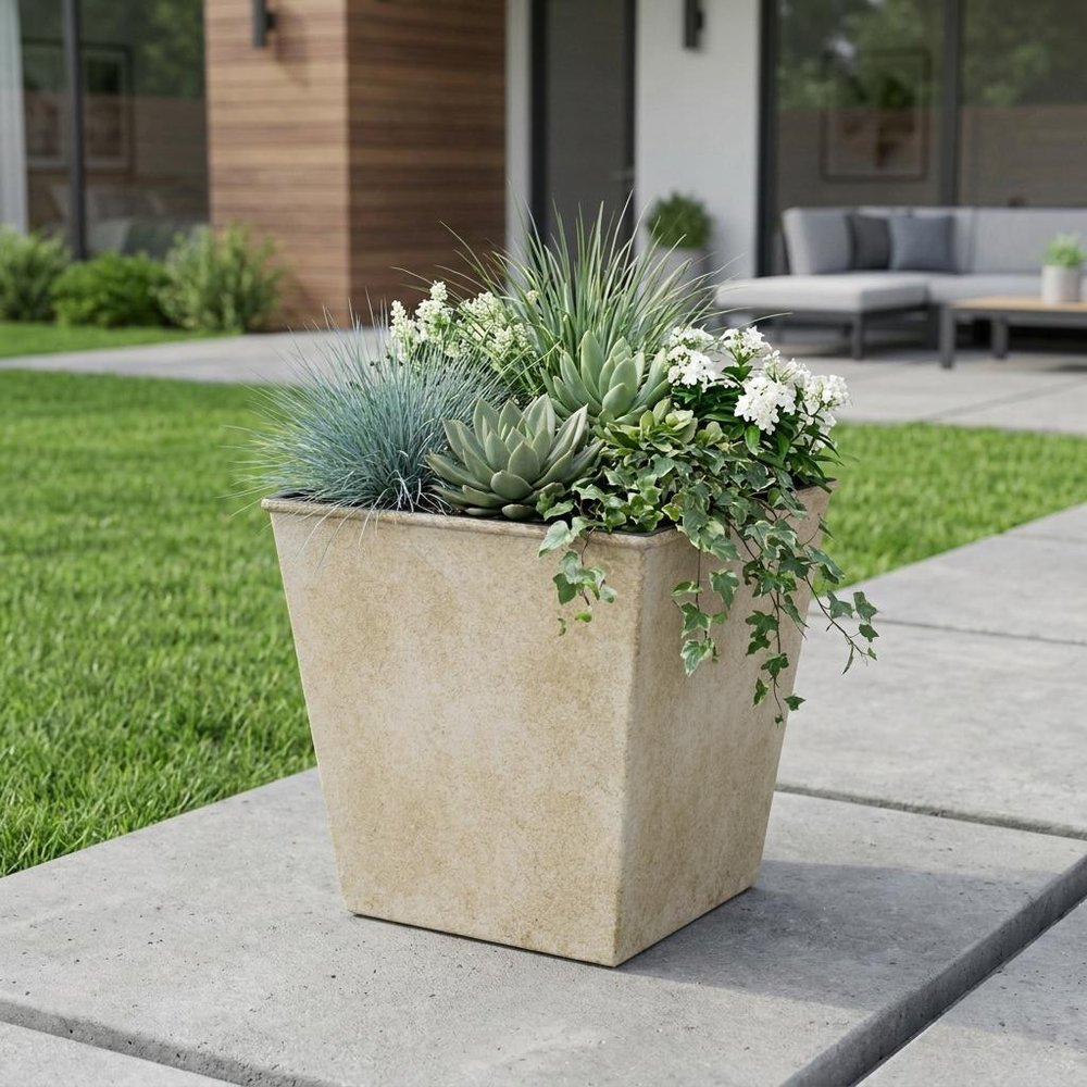 5" Cream Recycled Plastic Indoor Outdoor Square Pot Planter