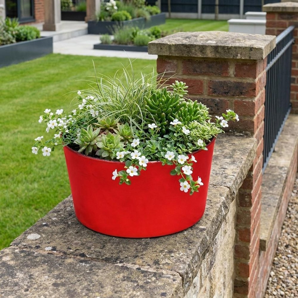 12" Red Recycled Plastic Indoor Outdoor Round Pot Planter