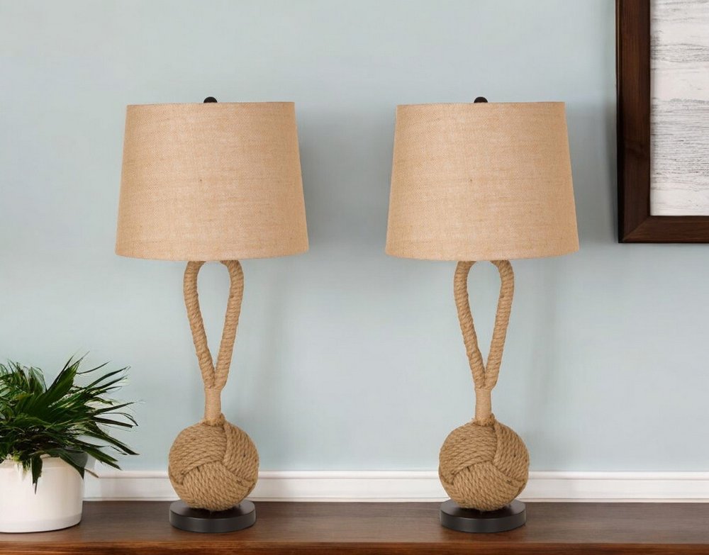 Set of Two 29" Black And Natural Rope Table Lamps With Natural Empire Shades