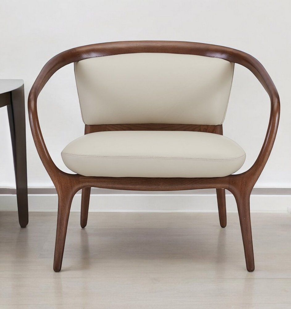 30" Beige And Brown Faux Leather Lounge Chair