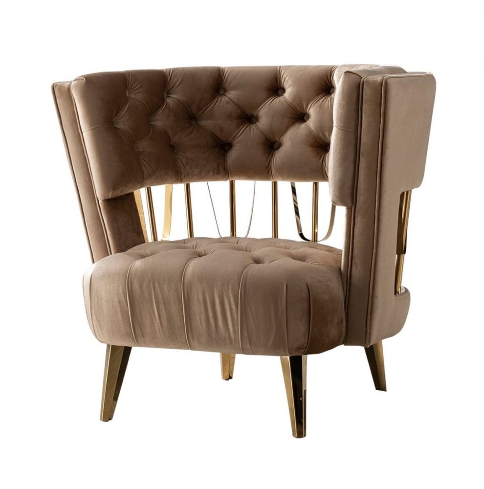 38" Beige And Gold Velvet Tufted Barrel Chair