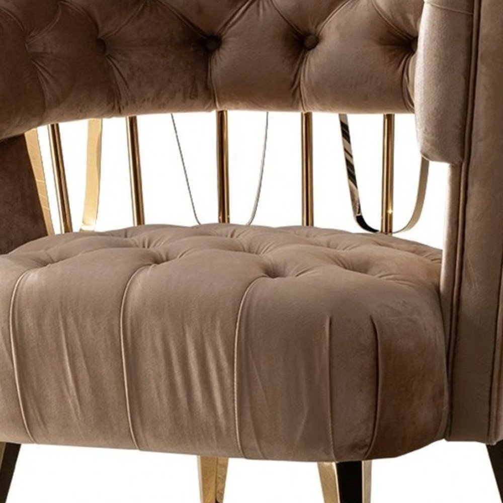 38" Beige And Gold Velvet Tufted Barrel Chair