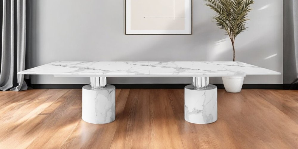 180" White Marble Double Pedestal Base Dining Table