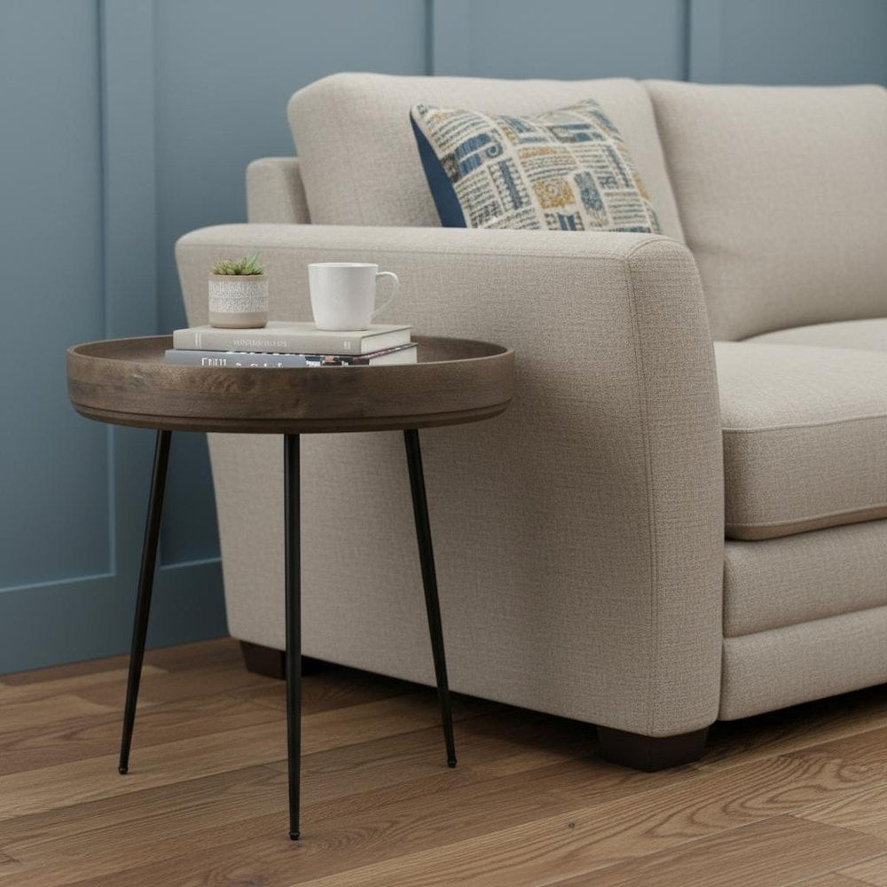 18" Black And Gray Solid Wood And Iron Round End Table