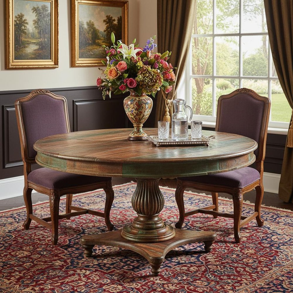 42" Brown Rounded Rustic Reclaimed Solid Wood Dining Table