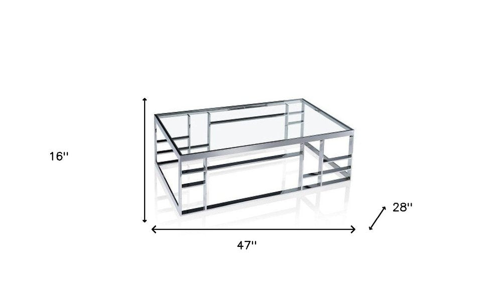 47" Clear and Silver Glass And Stainless Steel Frame Coffee Table