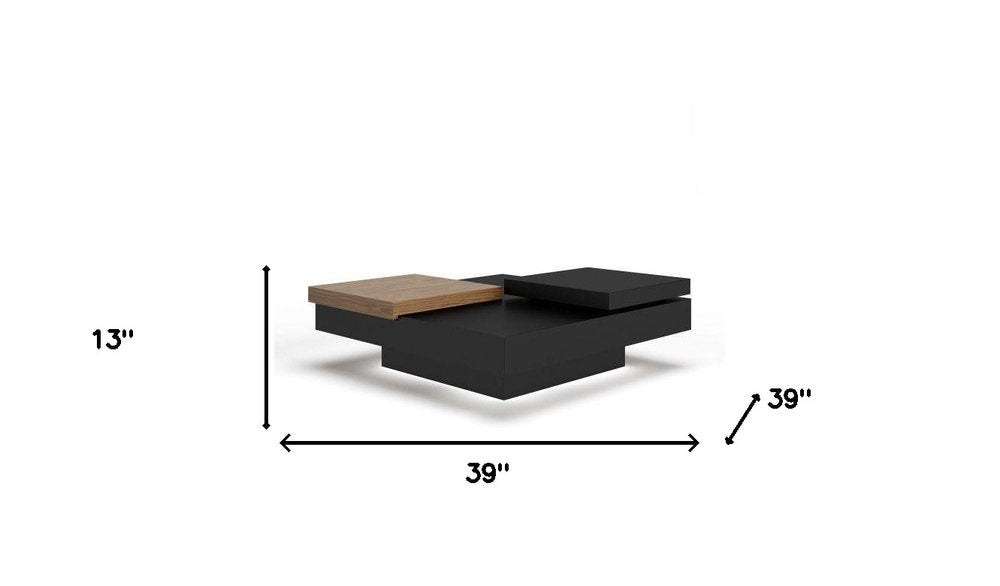 39" Brown and Black Wood Square Block Coffee Table With Drawer