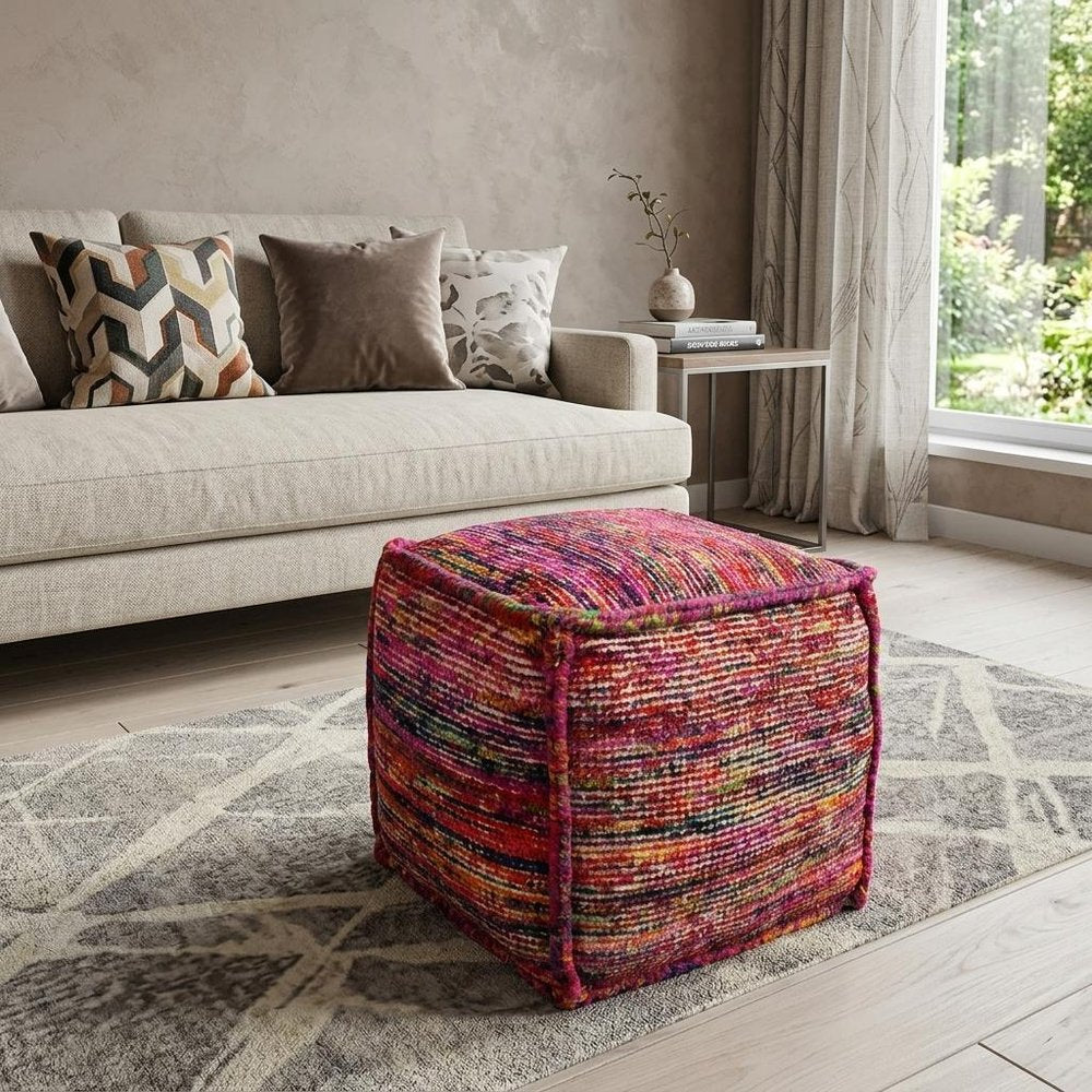 18" Pink Wool Cube Pouf Ottoman