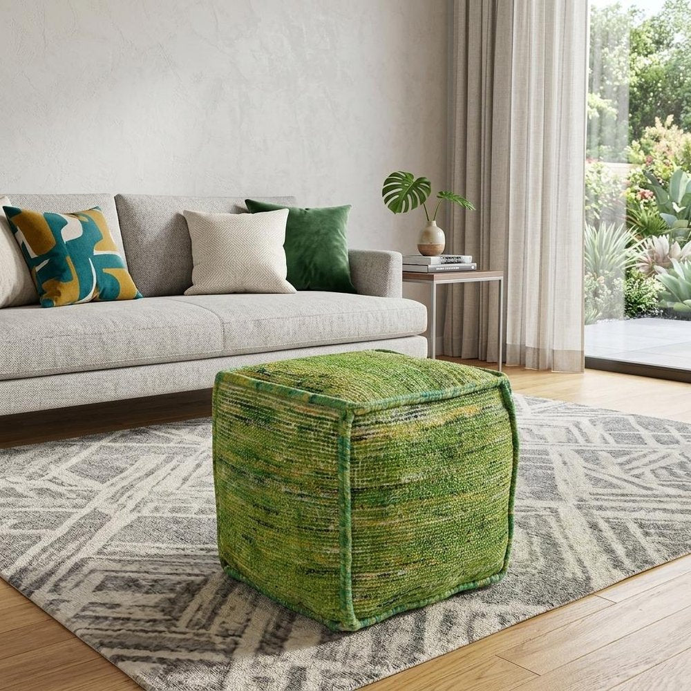 18" Green Recycled Silk and Cotton Blend Cube Pouf Ottoman