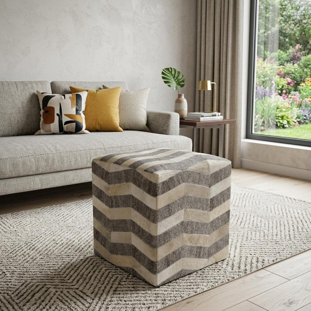 18" Gray and Beige Hair on Hide Cube Chevron Pouf Ottoman