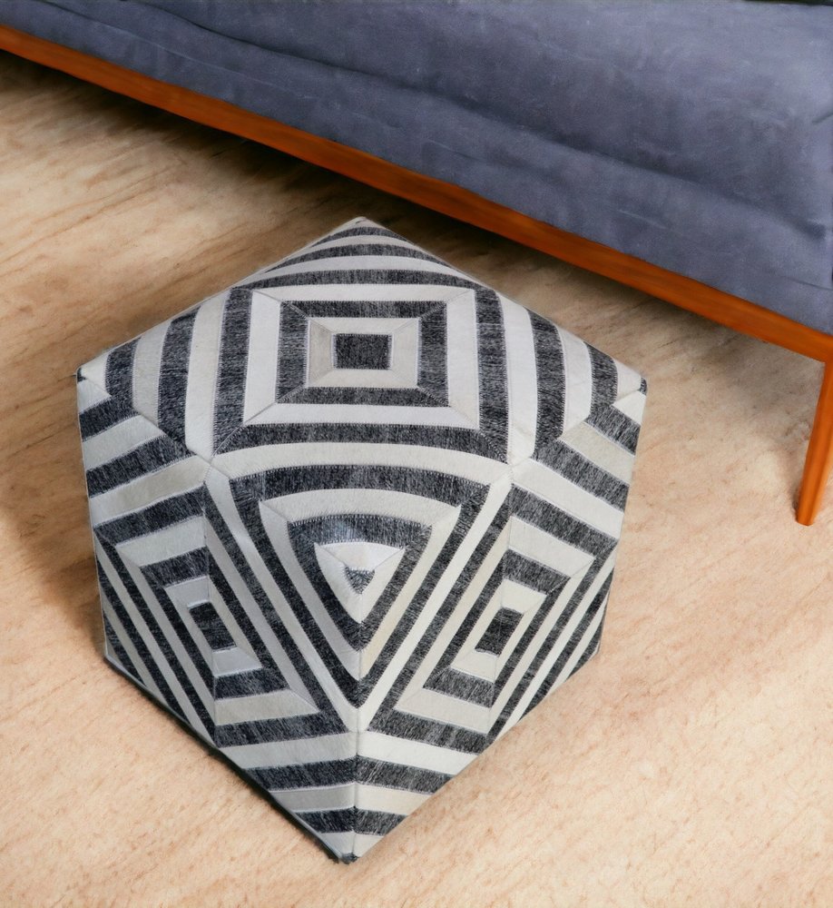 18" Dark Gray and Ivory Hair on Hide Cube Geometric Pouf Ottoman