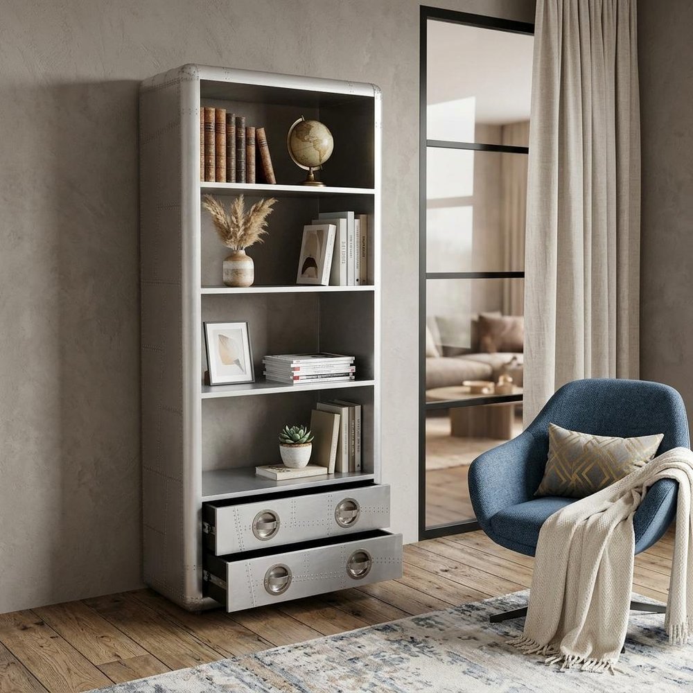 71" Silver Aluminum Four Tier Bookcase with Two Drawers