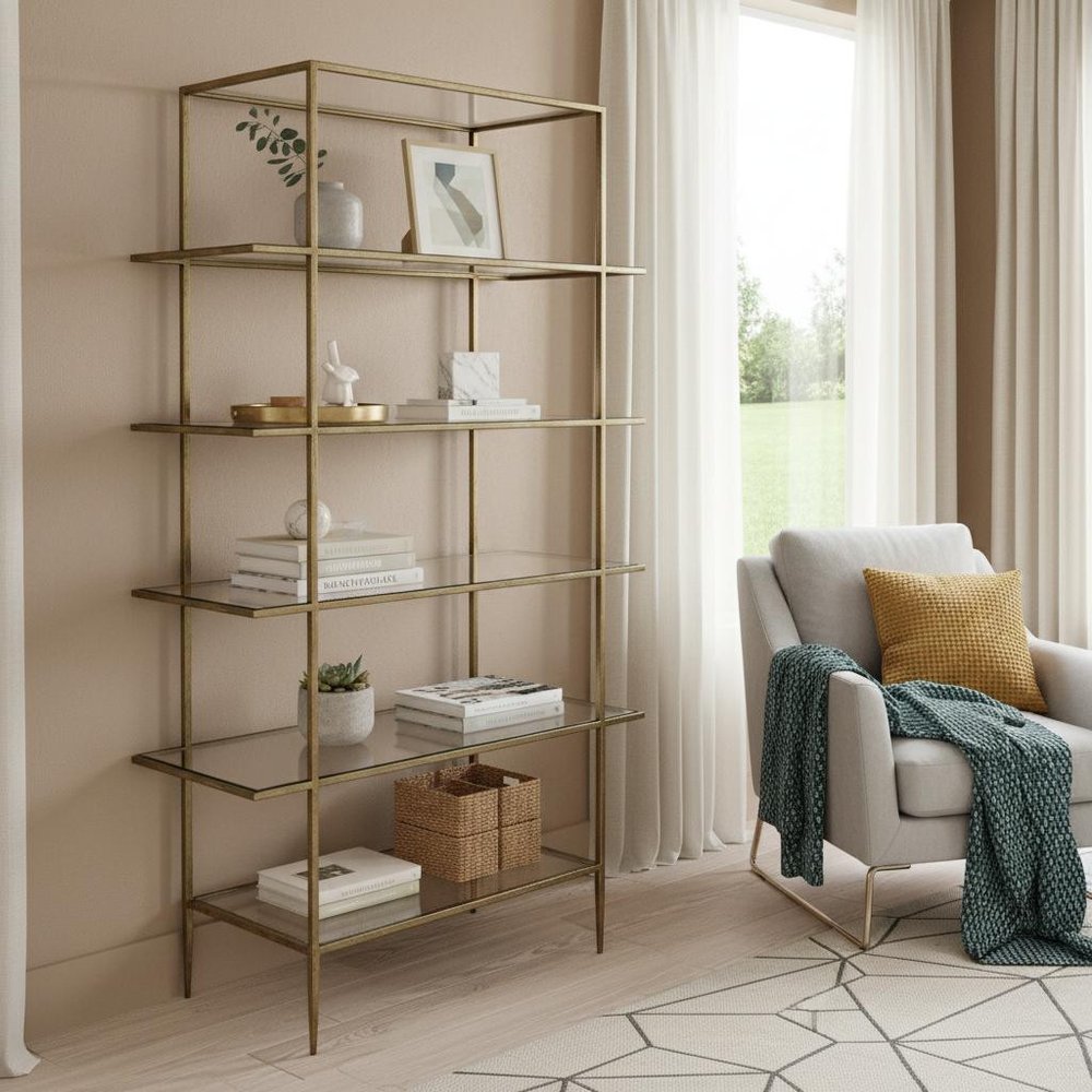 59" Antiqued Gold And Clear Iron and Glass Five Tier Etagere Bookcase