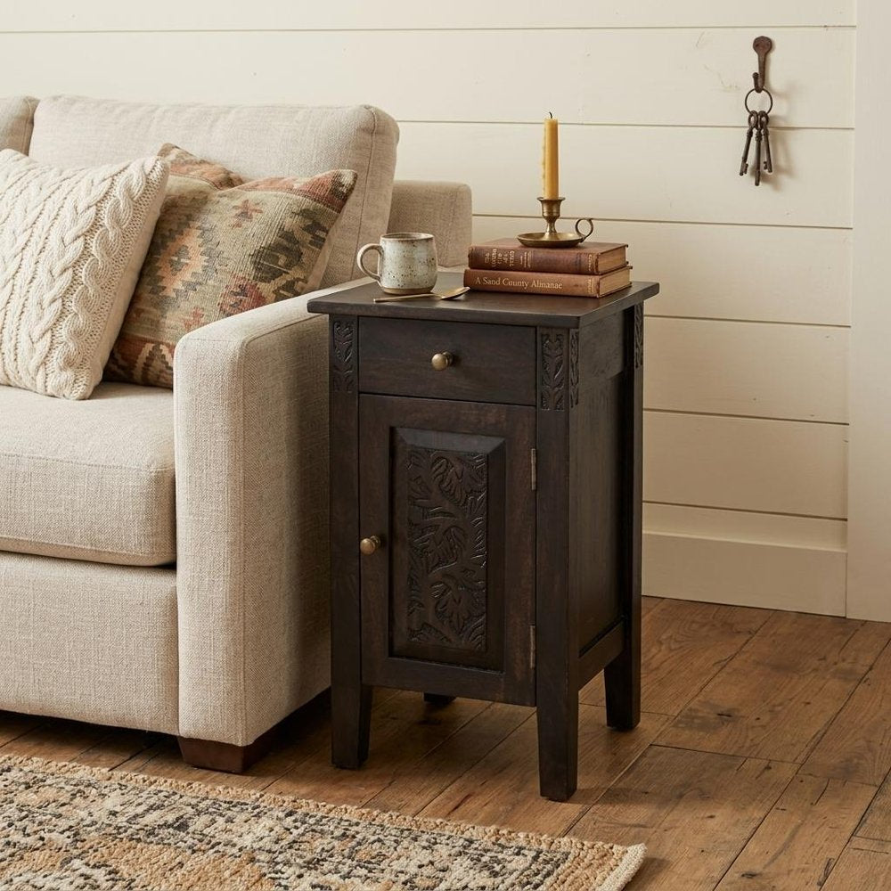24" Natural Brown Solid Wood End Table With Door and Drawer