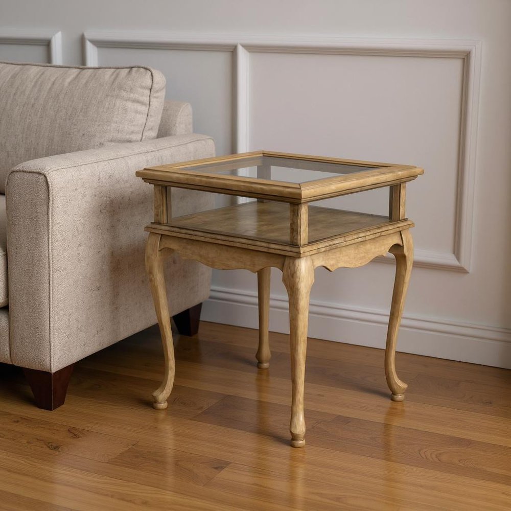 25" Beige Distressed Glass And Solid Wood End Table