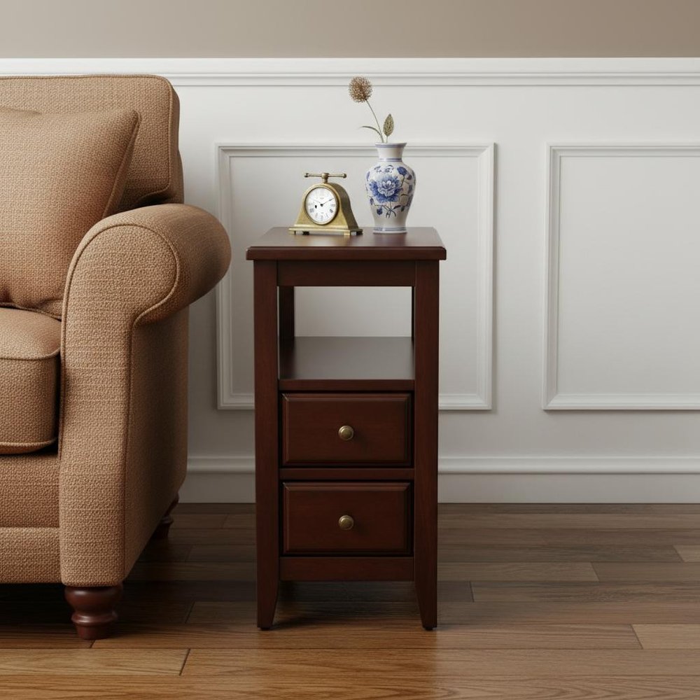 24" Dark Brown Manufactured Wood End Table With Two Drawers And Shelf