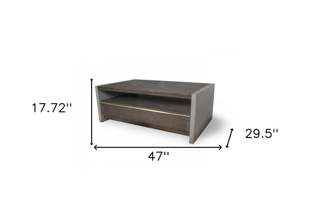 47" Brown and Dark Gray Solid Wood And Concrete Block Coffee Table With Drawer And Shelf