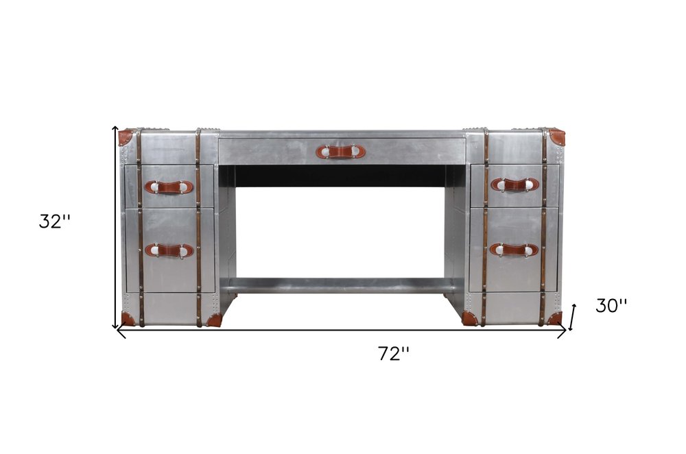 72" Silver Aluminum Executive Desk With Five Drawers