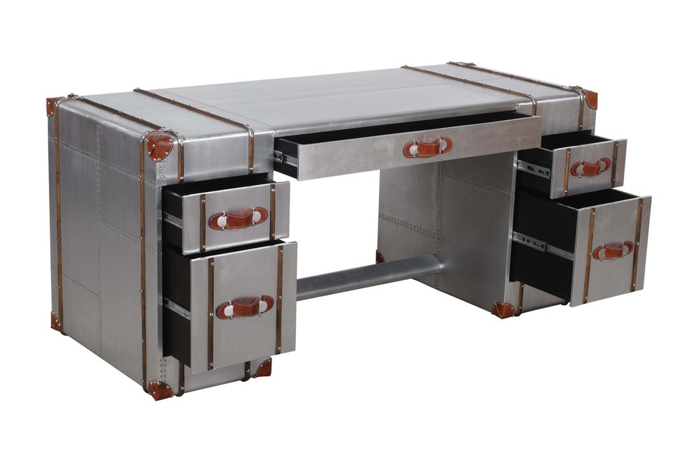 72" Silver Aluminum Executive Desk With Five Drawers