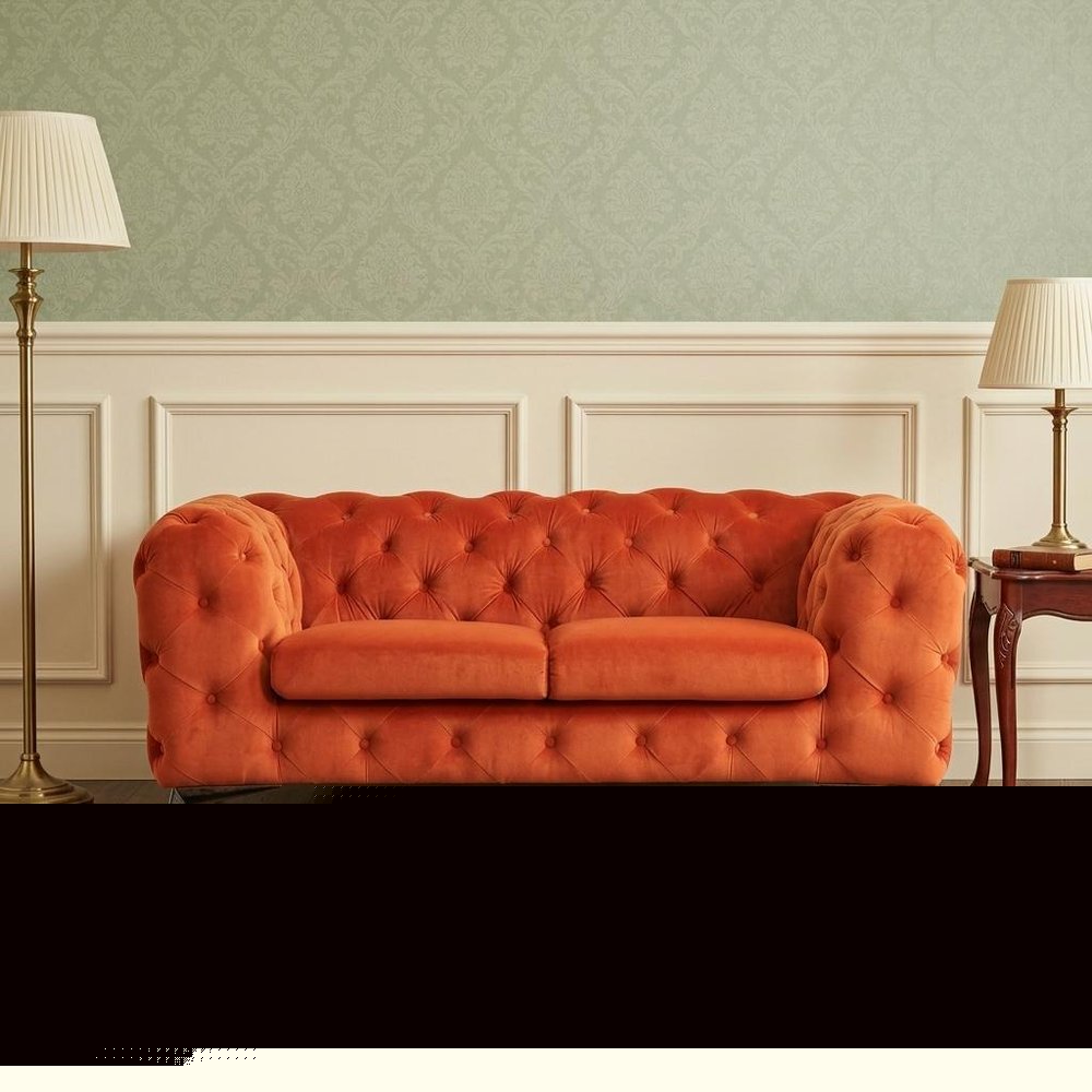 74" Orange And Silver Velvet Chesterfield Loveseat