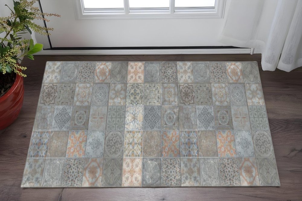 2' X 5' Brown And Gray Mosaic Tile Printed Vinyl Area Rug with UV Protection