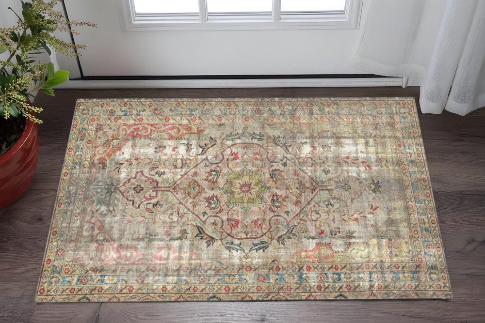 2' X 4' Red Brown And Blue Moroccan Printed Vinyl Area Rug With UV Protection